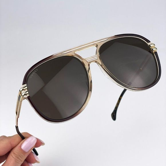 Gucci GG1104S 003 Sunglasses Transparent Brown Gold Brown Pilot Unisex - Picture 1 of 12